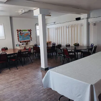 Fellowship hall with tables and chairs